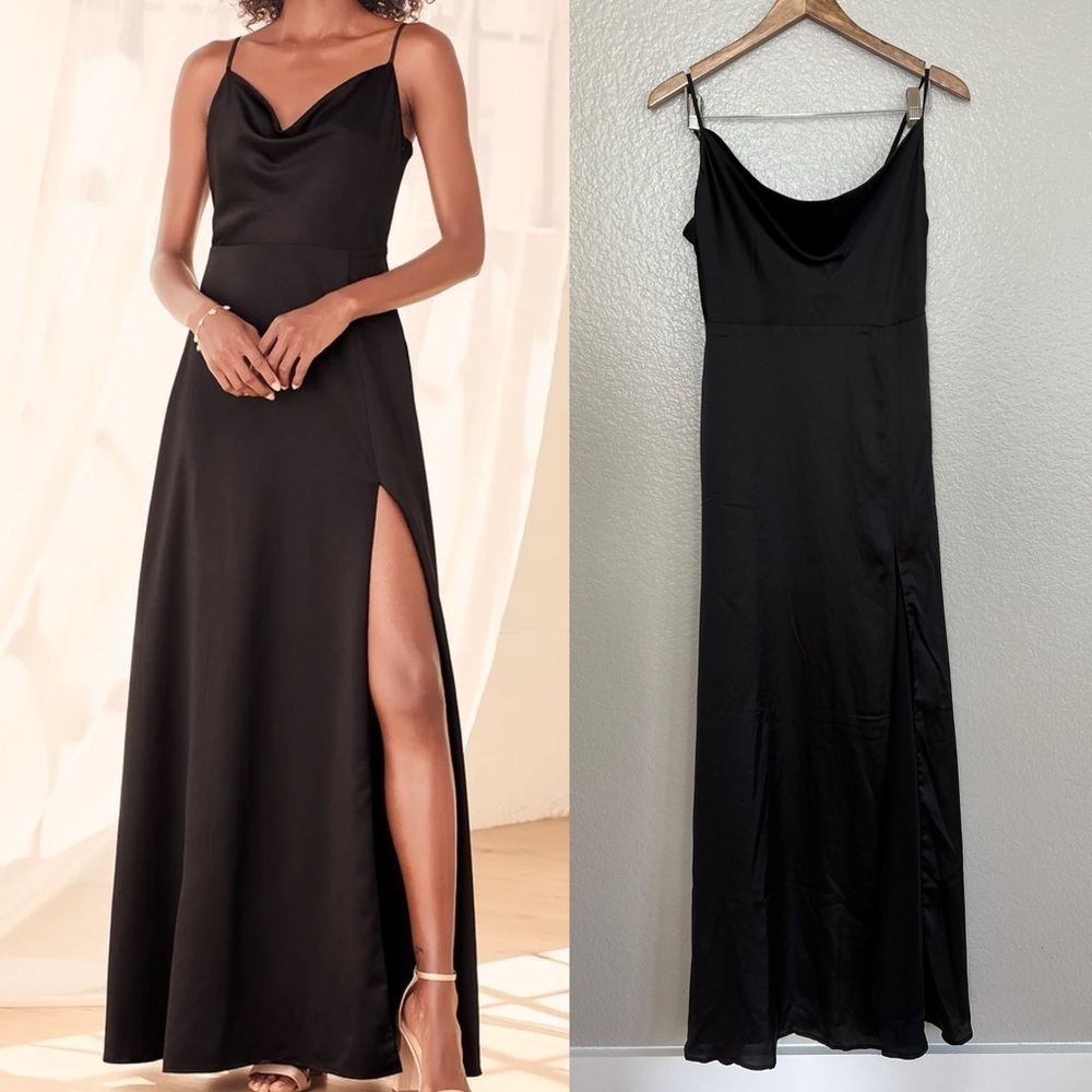 NWOT Formal Invitation Black Satin Cowl Neck Maxi Dress